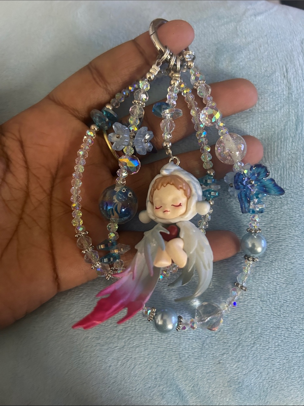 Handmade Custom Beaded Bag Charm Keychain Iridescent Crystal Angel Vinyl Figure